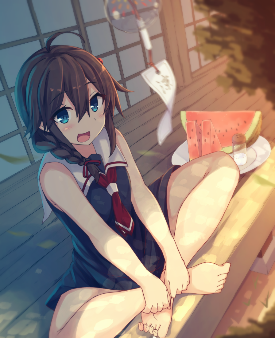 1girl :d abekawa_mochi adapted_costume ahoge bare_shoulders black_dress blurry blurry_background blush braid brown_hair commentary_request crossed_ankles day depth_of_field dress food fruit hair_ornament kantai_collection long_hair looking_at_viewer neckerchief open_mouth outdoors plate red_neckwear sailor_collar sailor_dress shade shigure_(kantai_collection) side_braid sitting sleeveless sleeveless_dress smile solo toe_scrunch toenails watermelon white_sailor_collar wind_chime