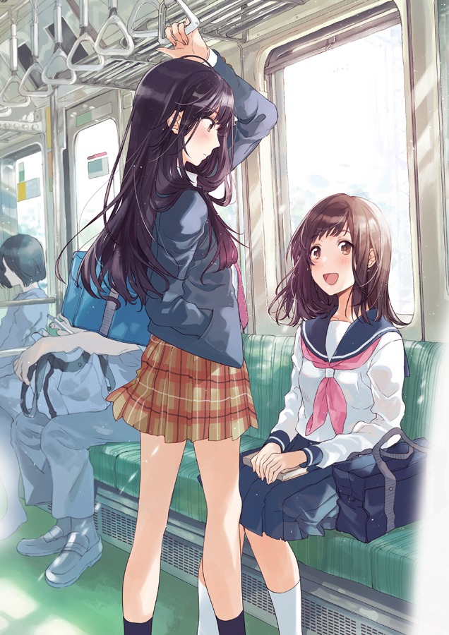 2girls :d bag black_hair blush book_on_lap brown_eyes brown_hair fly_(marguerite) hand_in_pocket looking_at_another multiple_girls navy_blue_legwear navy_blue_sailor_collar navy_blue_skirt neckerchief open_mouth original pink_neckwear plaid plaid_skirt pleated_skirt school_bag school_uniform serafuku shirt sitting skirt smile socks standing train_interior white_legwear white_shirt