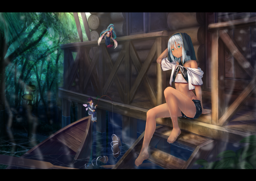 1boy 2girls barefoot dark_skin eyebrows_visible_through_hair flat_chest green_eyes grey_hair high_heels koko_(koko3) letterboxed looking_at_another miniboy minigirl multiple_girls original outdoors short_hair sitting wet wet_clothes