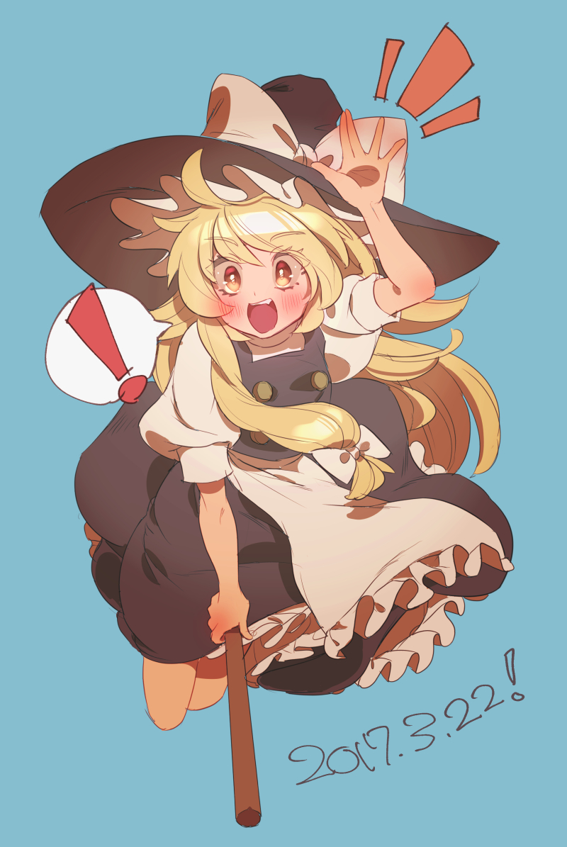 ! 1girl arm_up bangs black_hat black_skirt blonde_hair blue_background blush bow broom broom_riding dated eyebrows_visible_through_hair hat hat_bow long_hair looking_at_viewer masanaga_(tsukasa) notice_lines open_mouth puffy_short_sleeves puffy_sleeves short_sleeves sidelocks simple_background skirt skirt_set solo spoken_exclamation_mark touhou white_bow witch_hat yellow_eyes