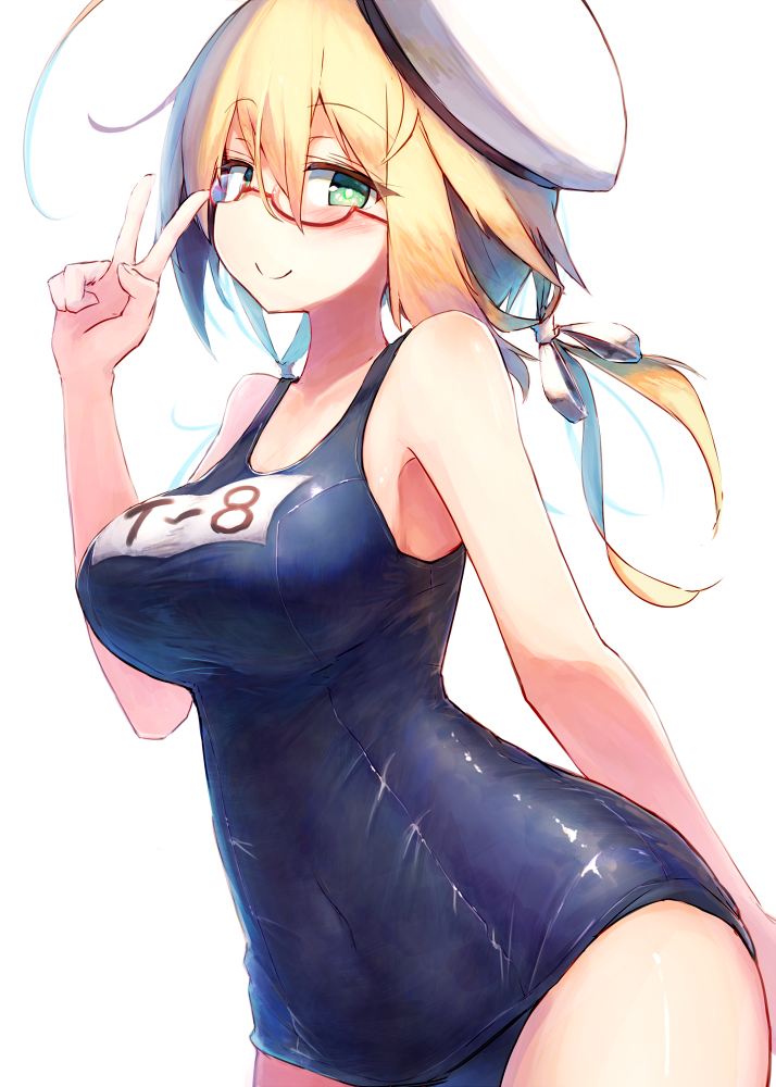 1girl ahoge aqua_eyes beize_(garbage) blonde_hair blush breasts cowboy_shot glasses hair_ribbon hat i-8_(kantai_collection) kantai_collection large_breasts long_hair looking_at_viewer low_twintails name_tag peaked_cap red-framed_eyewear ribbon sailor_hat school_swimsuit simple_background smile solo swimsuit twintails white_background white_ribbon