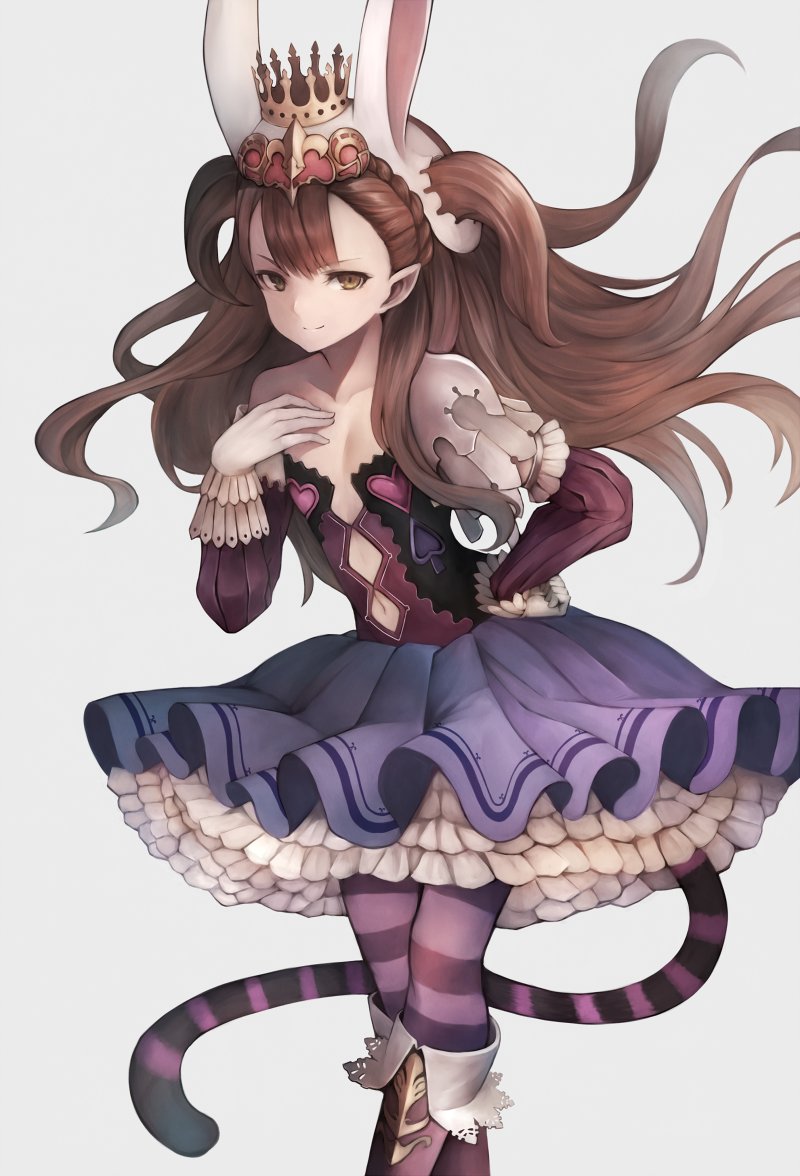 1girl animal_ears blue_skirt boots breasts brown_eyes brown_hair closed_mouth commentary_request copyright_request crown feet_out_of_frame floating_hair frilled_skirt frills gloves grey_background hand_on_hip hand_up inaba_sunimi leaning_forward long_sleeves looking_at_viewer pantyhose purple_legwear rabbit_ears simple_background skirt small_breasts smile solo striped striped_legwear striped_tail tail white_gloves