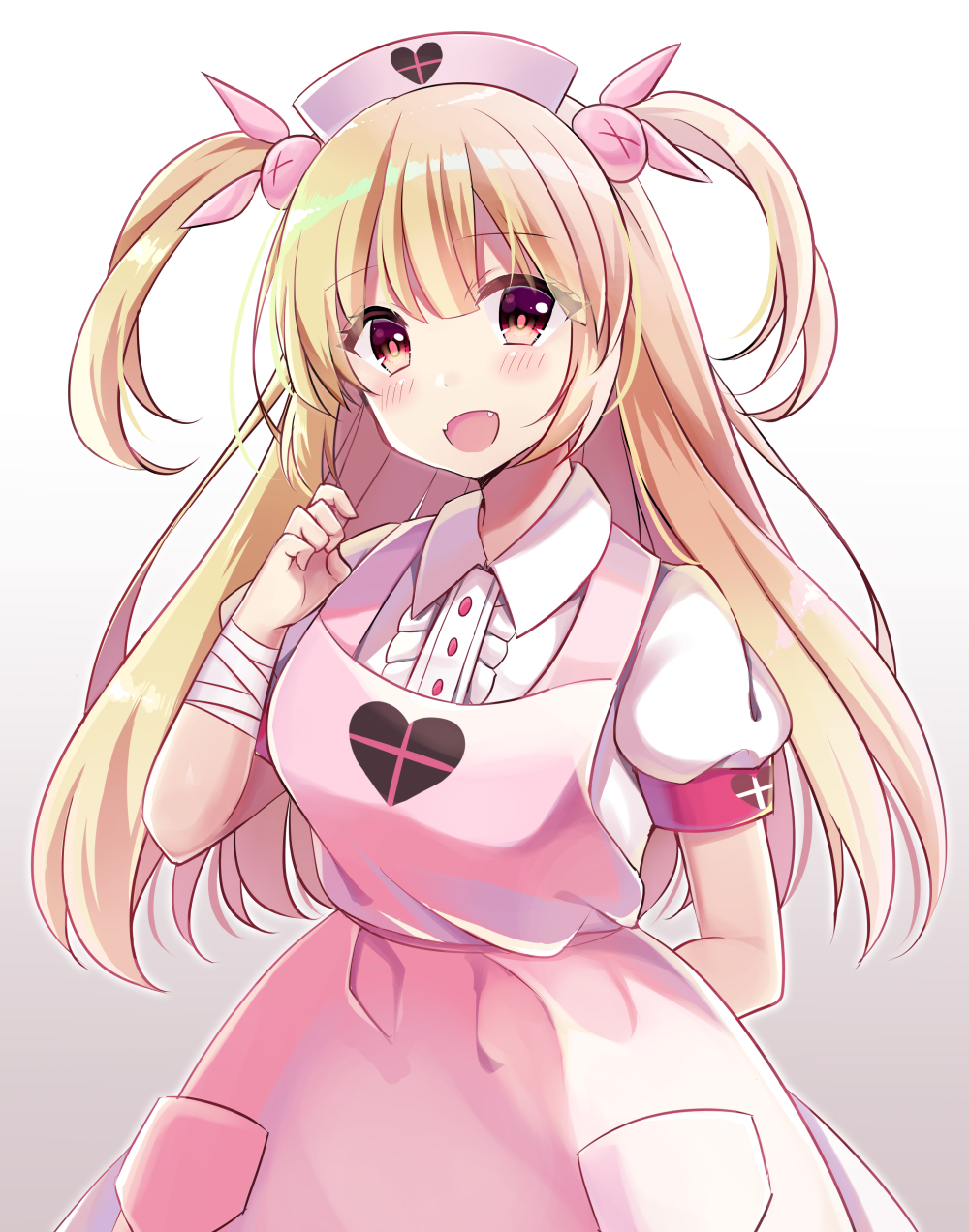 &gt;_&lt; 1girl :d apron arm_behind_back bandage bandaged_arm bangs blonde_hair blush brown_background bunny_hair_ornament center_frills collared_shirt commentary_request eyebrows_visible_through_hair fangs frills gradient gradient_background hair_between_eyes hair_ornament hand_up hat highres long_hair minami_saki natori_sana nurse_cap open_mouth pink_apron pink_hat puffy_short_sleeves puffy_sleeves red_eyes sana_channel shirt short_sleeves skirt smile solo two_side_up very_long_hair white_background white_shirt white_skirt