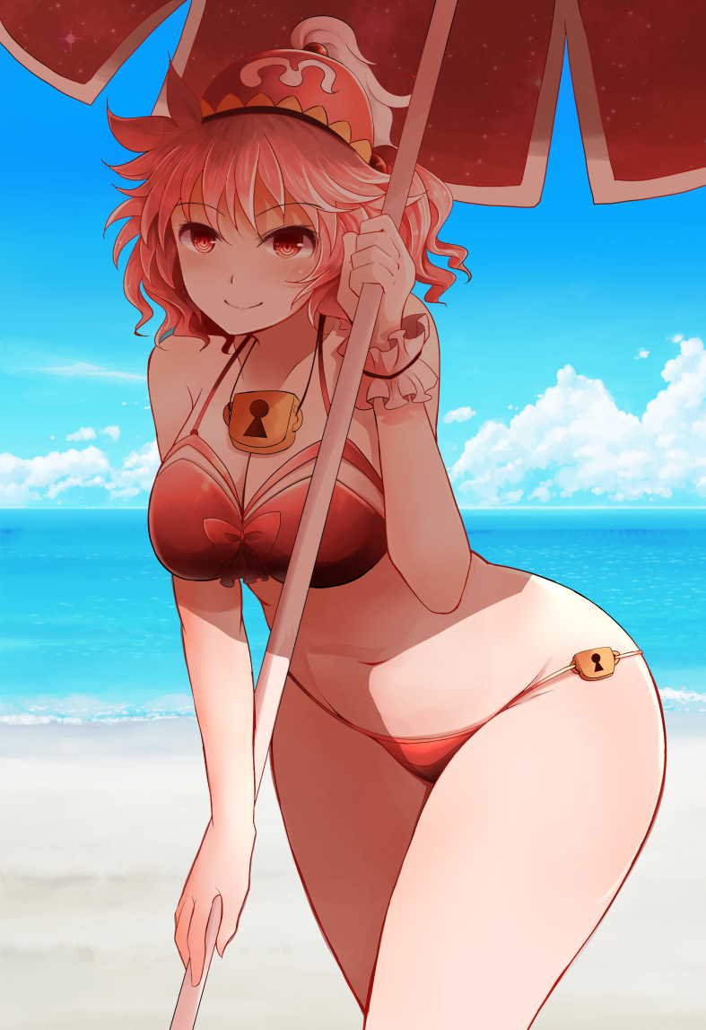 1girl alternate_costume arano_oki bangs beach bending_forward bikini blue_sky bow clouds commentary_request cowboy_shot day eyebrows_visible_through_hair hair_between_eyes hat holding holding_umbrella horizon kawashiro_mitori lock looking_at_viewer lowleg lowleg_bikini navel ocean original outdoors pink_hair red_bikini red_bow red_eyes short_hair sky smile solo swimsuit thighs touhou umbrella wide_hips wrist_cuffs