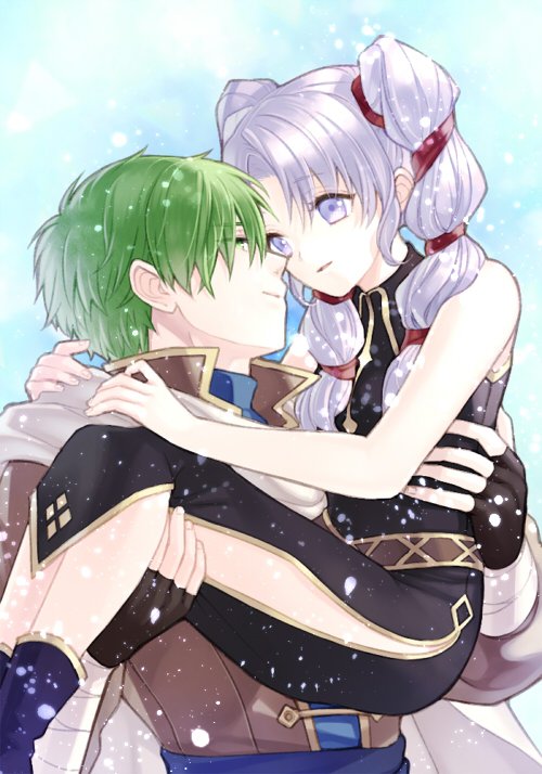 1boy 1girl blue_eyes fingerless_gloves fire_emblem fire_emblem:_seisen_no_keifu gloves green_eyes green_hair holding kiyuu purple_hair sety_(fire_emblem) smile tinny_(fire_emblem) twintails