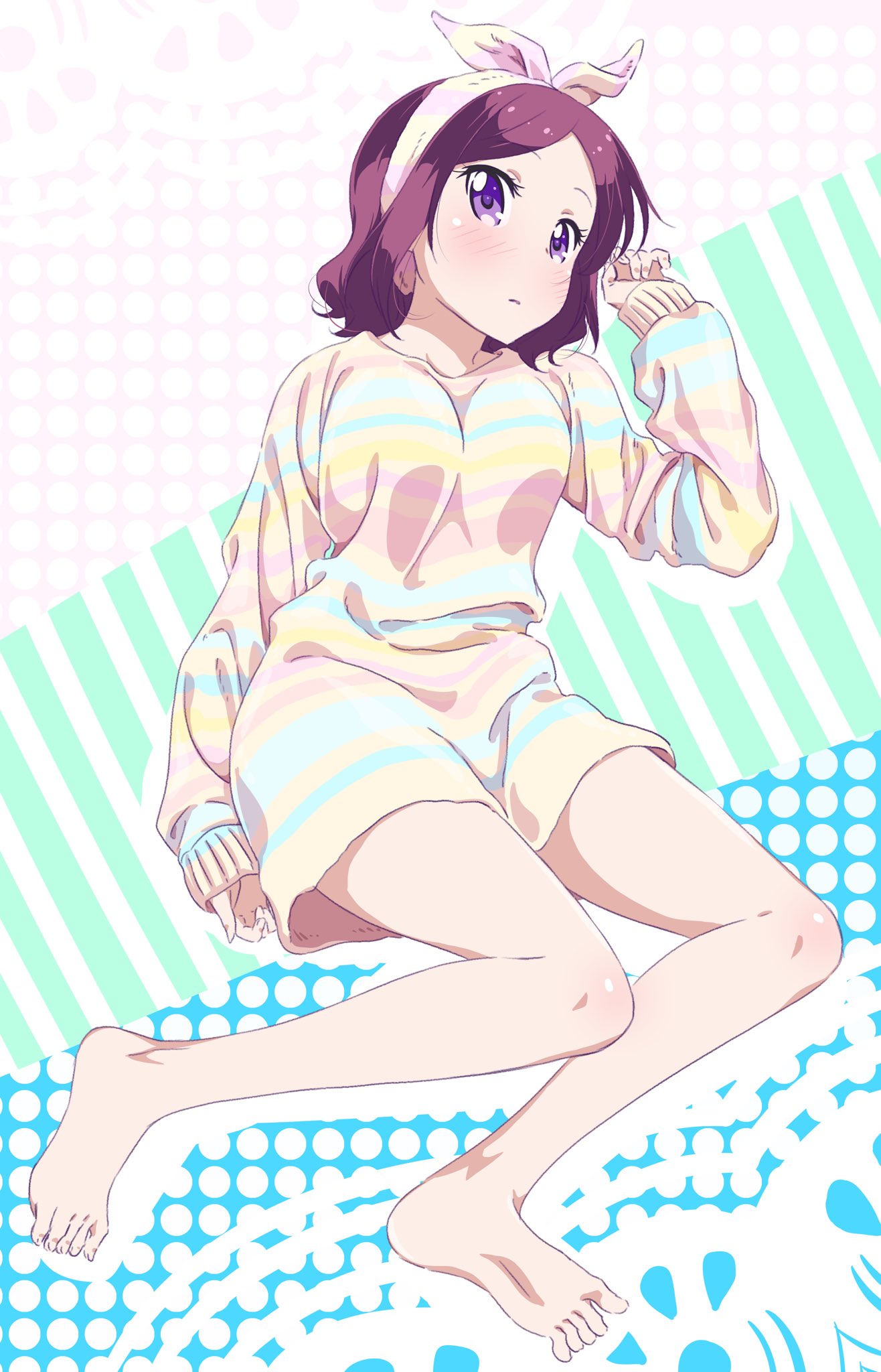 1girl barefoot blush brown_hair full_body highres looking_at_viewer lying multicolored_sweater new_game! on_back parted_lips pink_x shiny shiny_skin short_hair solo striped striped_sweater sweater tooyama_rin towel violet_eyes