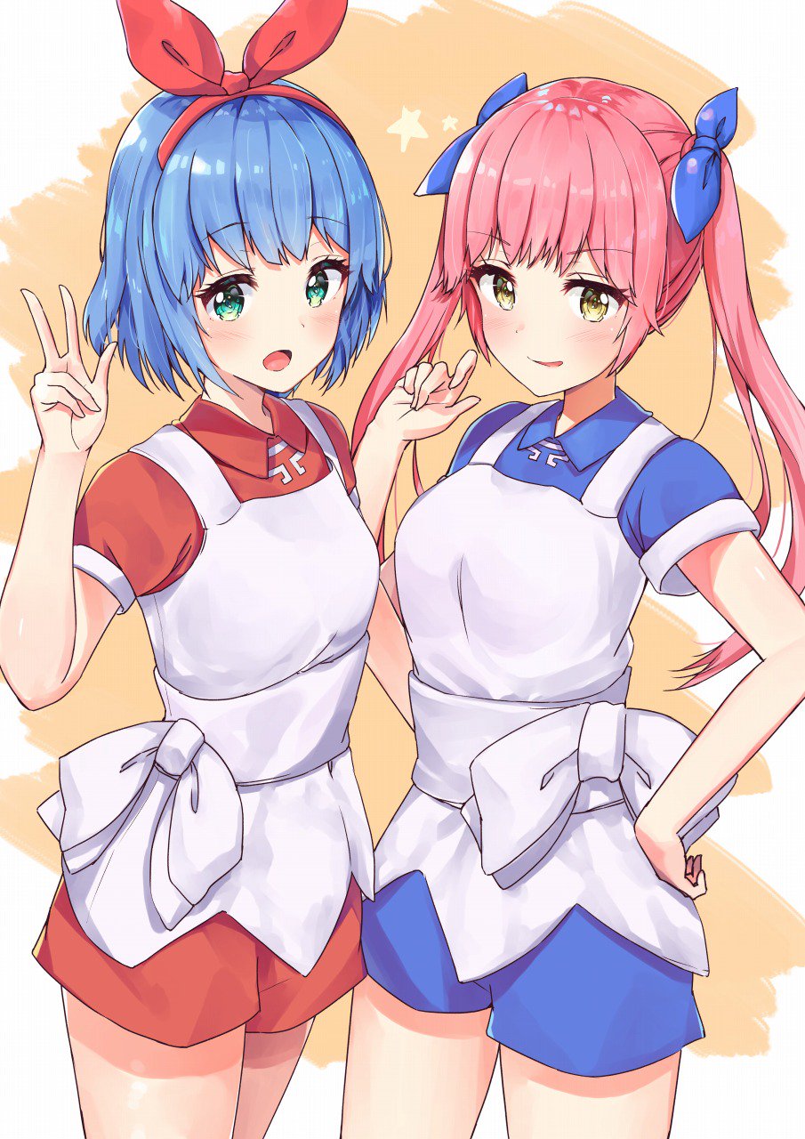 2girls :d apron blue_bow blue_dress blue_hair blush bow collared_dress cowboy_shot dress eyebrows_visible_through_hair green_eyes hair_bow hairband hand_on_hip hand_up highres long_hair multiple_girls omega_rei omega_rio omega_sisters open_mouth puffy_short_sleeves puffy_sleeves racchi. red_bow red_dress short_hair short_sleeves smile standing star twintails virtual_youtuber w yellow_background yellow_eyes