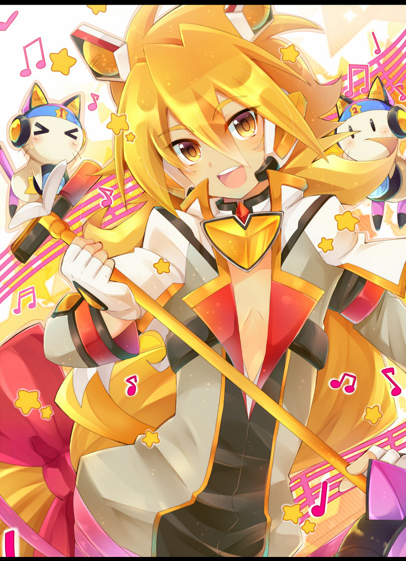 &gt;_&lt; 1boy beige_jacket blonde_hair blue_headband cat gloves headband holding holding_staff long_sleeves looking_at_viewer musical_note number open_mouth rento_(rukeai) saikyou_ginga_ultimate_zero_~battle_spirits~ smile solo staff star tan white_gloves yellow yellow_eyes zero_the_glint