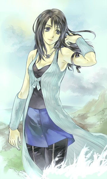 1girl arm_at_side arm_ribbon arm_up arm_warmers bare_shoulders bike_shorts bike_shorts_under_skirt black_hair blue_skirt breasts buttons cleavage closed_mouth denim denim_skirt dress female final_fantasy final_fantasy_viii jewelry long_hair looking_away looking_to_the_side medium_breasts necklace ribbon rinoa_heartilly skirt sleeveless sleeveless_duster solo standing undershirt