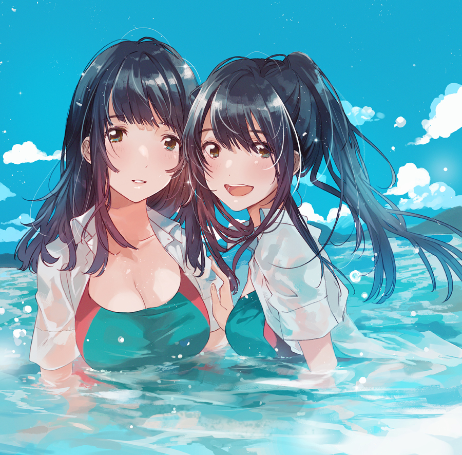 2girls :d aqua_hair aqua_swimsuit breasts brown_eyes cleavage clouds competition_swimsuit dress_shirt fly_(marguerite) from_side hand_on_another's_arm large_breasts looking_at_viewer looking_back medium_hair multiple_girls one-piece_swimsuit open_clothes open_mouth open_shirt original parted_lips ponytail school_uniform shirt sidelocks sky smile swimsuit swimsuit_under_clothes