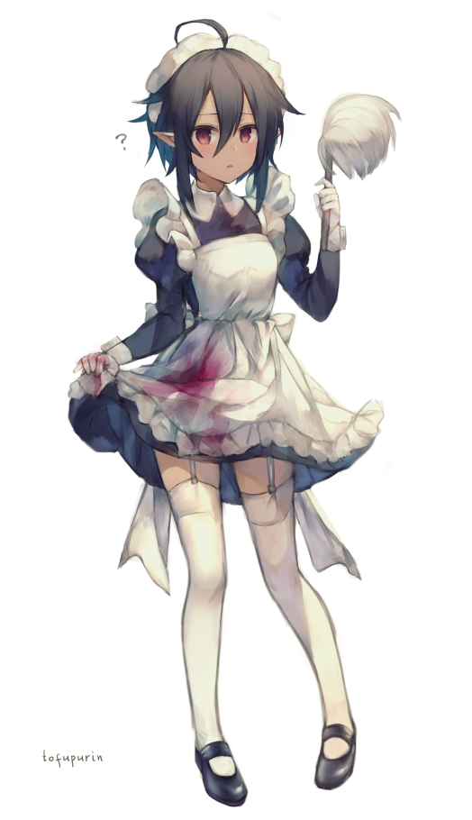 ? ahoge apron artist_name bangs black_dress black_footwear black_hair blush breasts dark_skin dress duster elf eyebrows_visible_through_hair frilled_apron frills full_body garter_straps gloves hair_between_eyes hand_up holding juliet_sleeves long_sleeves looking_at_viewer maid maid_apron maid_headdress narusegawa_riko original parted_lips pointy_ears puffy_sleeves red_eyes shoes sidelocks simple_background small_breasts stain standing thigh-highs white_apron white_background white_gloves white_legwear