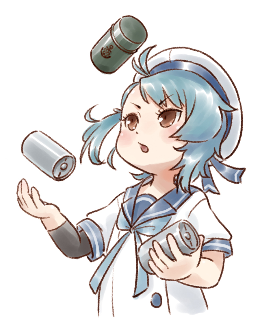 1girl anchor_symbol arm_warmers blue_hair blue_neckwear blue_ribbon blue_sailor_collar brown_eyes commentary_request depth_charge fukae_(kantai_collection) hat juggling kantai_collection karasu_(naoshow357) ribbon sailor_collar sailor_hat school_uniform serafuku simple_background single_arm_warmer solo upper_body white_background white_hat