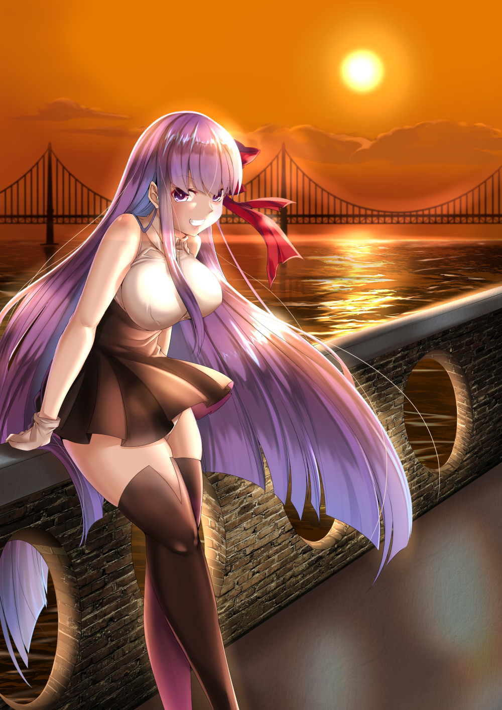 1girl bare_shoulders bb_(fate/extra_ccc) black_legwear black_skirt boots breasts bridge clouds eyebrows_visible_through_hair fate/extra fate/extra_ccc fate_(series) gloves hair_between_eyes high-waist_skirt highres large_breasts long_hair looking_at_viewer ocean outdoors purple_hair red_ribbon reflection ribbon sesield shirt sitting sitting_on_object skirt sleeveless sleeveless_shirt smile solo sun sunset thigh-highs thigh_boots very_long_hair violet_eyes white_gloves zettai_ryouiki