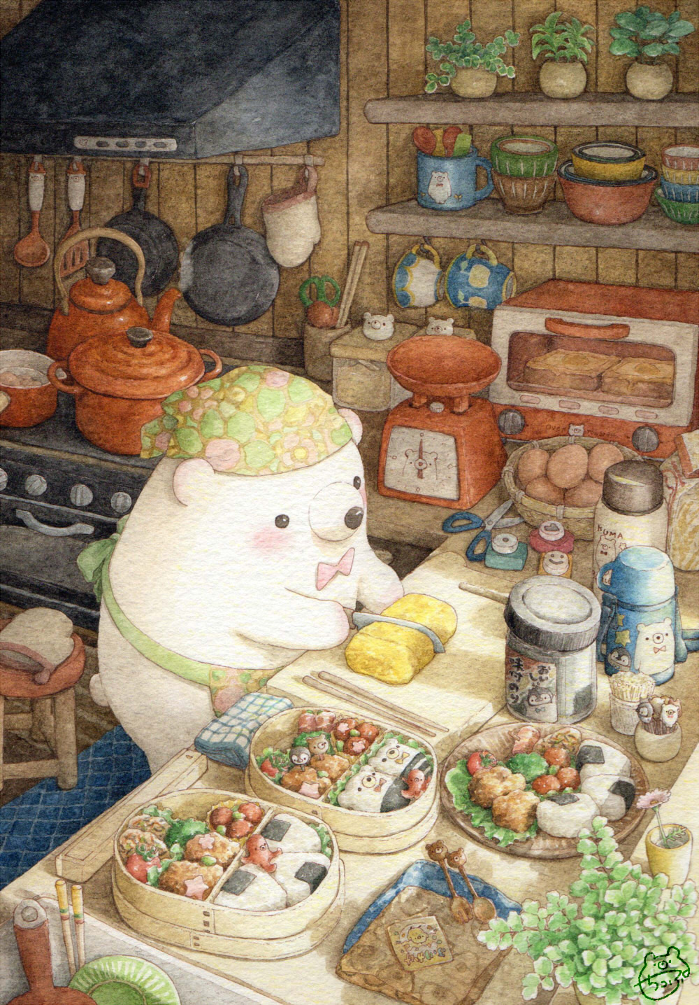 animal bear blush bow bowtie bread colored_pencil_(medium) cutting_board egg food highres holding holding_knife indoors kettle kitchen knife looking_away no_humans obentou onigiri original pink_neckwear pot scale scissors shelf signature spatula st.kuma stove toaster_oven traditional_media watercolor_(medium)