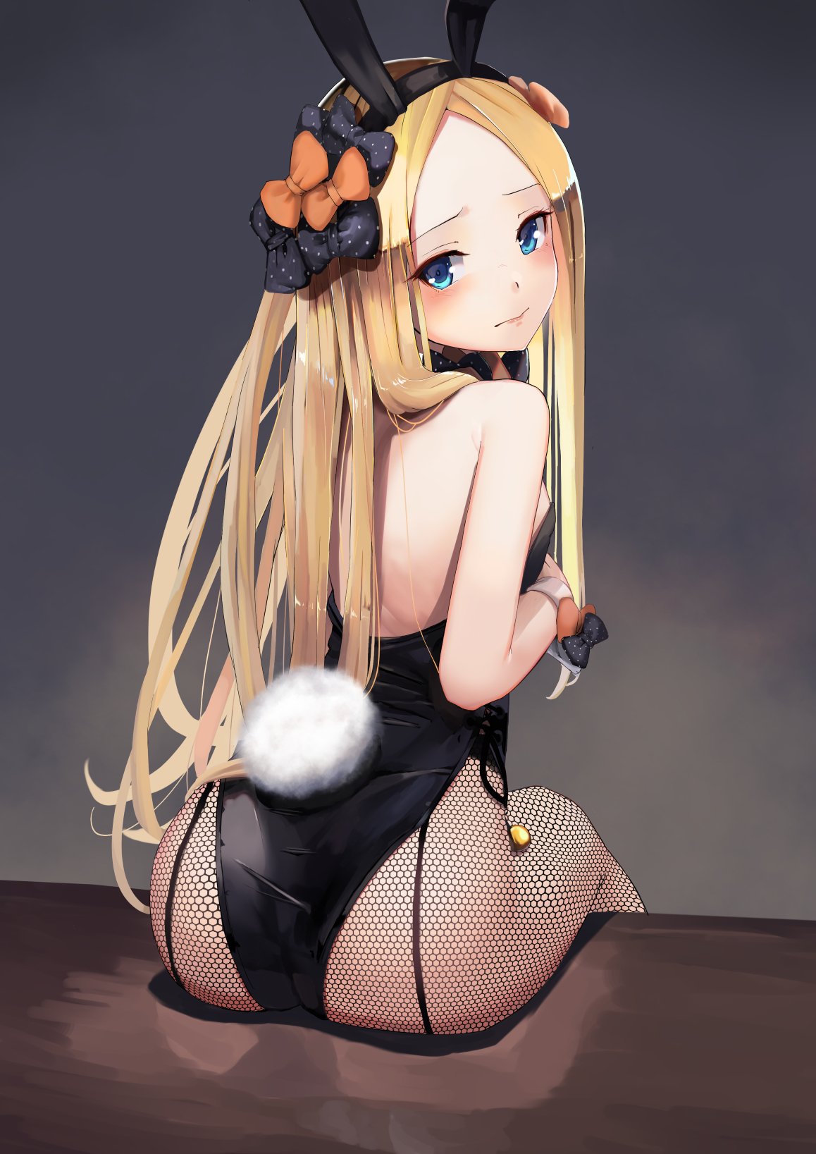 1girl abigail_williams_(fate/grand_order) animal_ears ass bangs bare_shoulders black_bow black_hairband black_leotard blonde_hair blue_eyes blush bow breasts bunny_girl bunny_tail bunnysuit closed_mouth commentary_request fake_animal_ears fate/grand_order fate_(series) fishnet_pantyhose fishnets forehead hair_bow hairband head_tilt highres leotard long_hair looking_at_viewer looking_back orange_bow pantyhose parted_bangs polka_dot polka_dot_bow rabbit_ears sitting small_breasts solo strapless strapless_leotard sunga2usagi tail very_long_hair wrist_cuffs