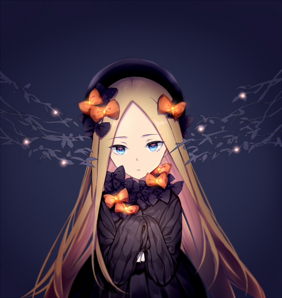 1girl abigail_williams_(fate/grand_order) bangs black_background black_bow black_dress black_hat blonde_hair blue_eyes bow bug butterfly dress eyebrows_visible_through_hair fate/grand_order fate_(series) forehead glowing hair_bow hands_up hat head_tilt insect long_hair long_sleeves looking_at_viewer orange_bow parted_bangs parted_lips polka_dot polka_dot_bow sleeves_past_fingers sleeves_past_wrists solo very_long_hair zhi_(yammycheese)