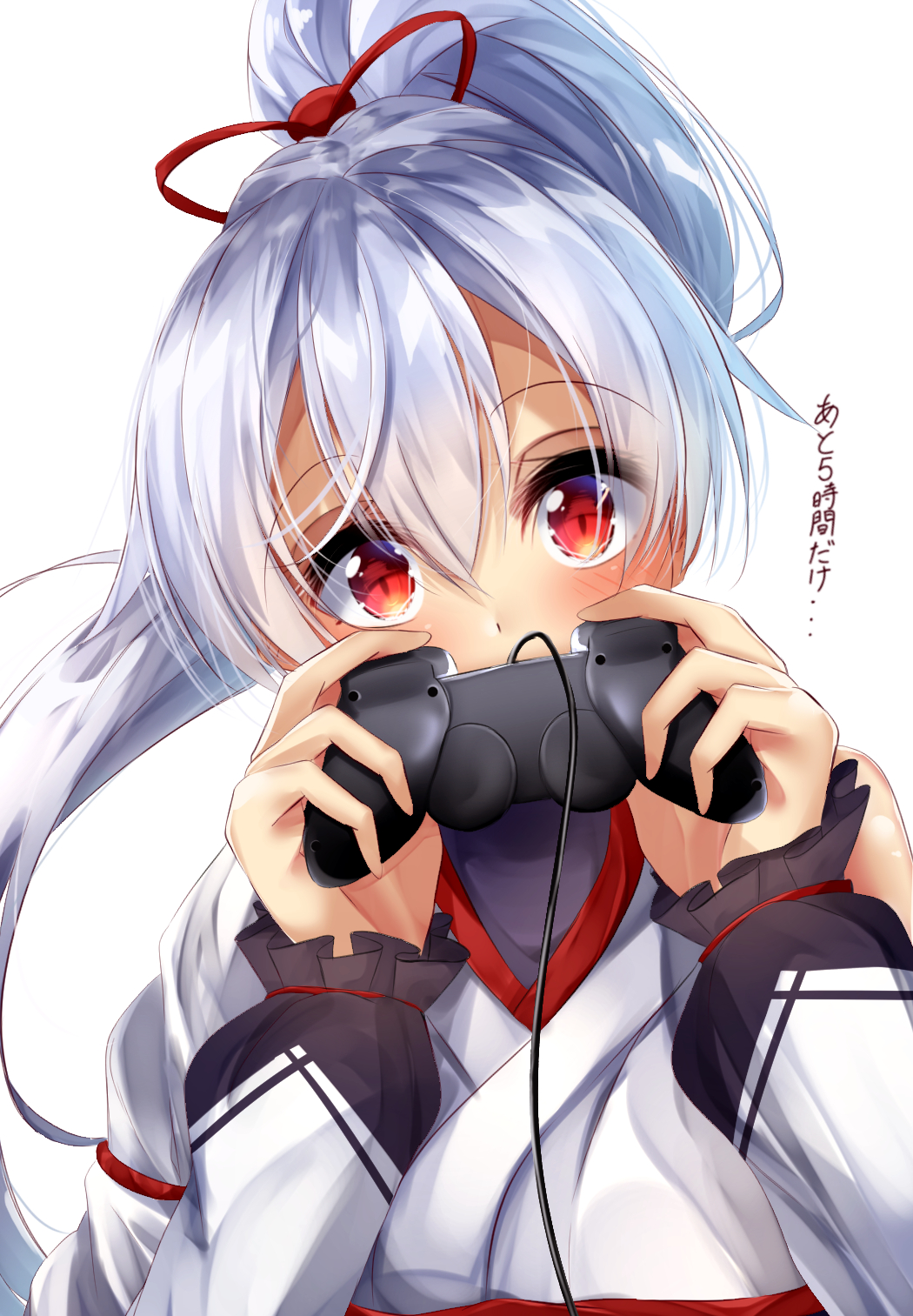 1girl blush breasts check_translation covered_mouth eyebrows_visible_through_hair fate/grand_order fate_(series) grey_hair hair_ribbon highres large_breasts long_hair looking_at_viewer playstation_controller ponytail red_eyes red_ribbon ribbon solo suisen-21 tomoe_gozen_(fate/grand_order) translated upper_body