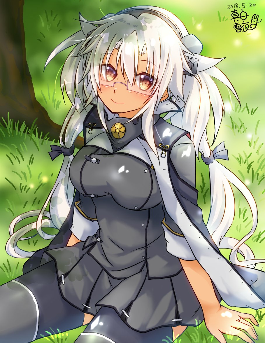 0yukiya0 1girl artist_name black_legwear black_skirt breasts brown_eyes capelet commentary_request dark_skin dated glasses grass hair_between_eyes headgear jewelry kantai_collection large_breasts looking_at_viewer miniskirt musashi_(kantai_collection) red_eyes remodel_(kantai_collection) ring semi-rimless_eyewear short_hair_with_long_locks sitting skirt solo thigh-highs tree twintails two_side_up under-rim_eyewear wedding_band