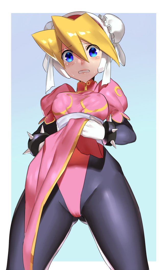 1girl alternate_costume bangs blonde_hair blue_eyes blush bodystocking bracelet breasts bun_cover capcom china_dress chinese_clothes chun-li chun-li_(cosplay) ciel_(rockman) cosplay cowboy_shot double_bun dress embarrassed eyebrows_visible_through_hair gloves hair_between_eyes headgear inti_creates jewelry legs_apart looking_down pantyhose puffy_short_sleeves puffy_sleeves rockman rockman_zero sash short_sleeves solo spiked_bracelet spikes street_fighter teeth ukimukai white_gloves