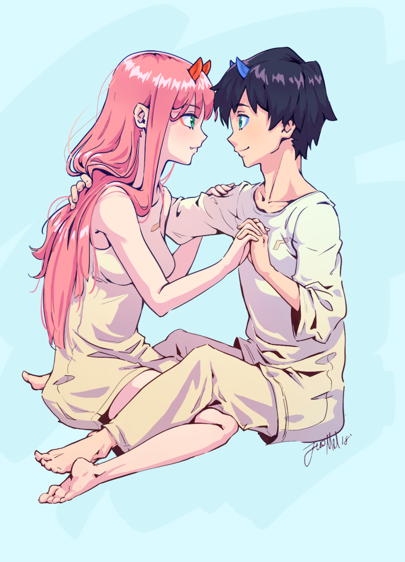 1boy 1girl bare_shoulders barefoot black_hair blue_eyes blue_horns breasts collarbone commentary_request couple darling_in_the_franxx eyebrows_visible_through_hair face-to-face feet fringe green_eyes hand_holding hand_on_another's_arm hand_on_another's_back hetero hiro_(darling_in_the_franxx) horns interlocked_fingers justmel long_hair looking_at_another medium_breasts oni_horns pink_hair red_horns short_hair signature sitting sleeveless wariza zero_two_(darling_in_the_franxx)