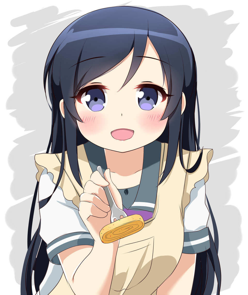 1girl :d agung_syaeful_anwar apron aragaki_ayase black_hair blush commentary_request cooking eyebrows_visible_through_hair feeding food fork grey_background grey_sailor_collar hand_up highres holding holding_fork long_hair looking_at_viewer open_mouth ore_no_imouto_ga_konna_ni_kawaii_wake_ga_nai pov sailor_collar school_uniform serafuku shirt short_sleeves simple_background smile solo violet_eyes white_shirt