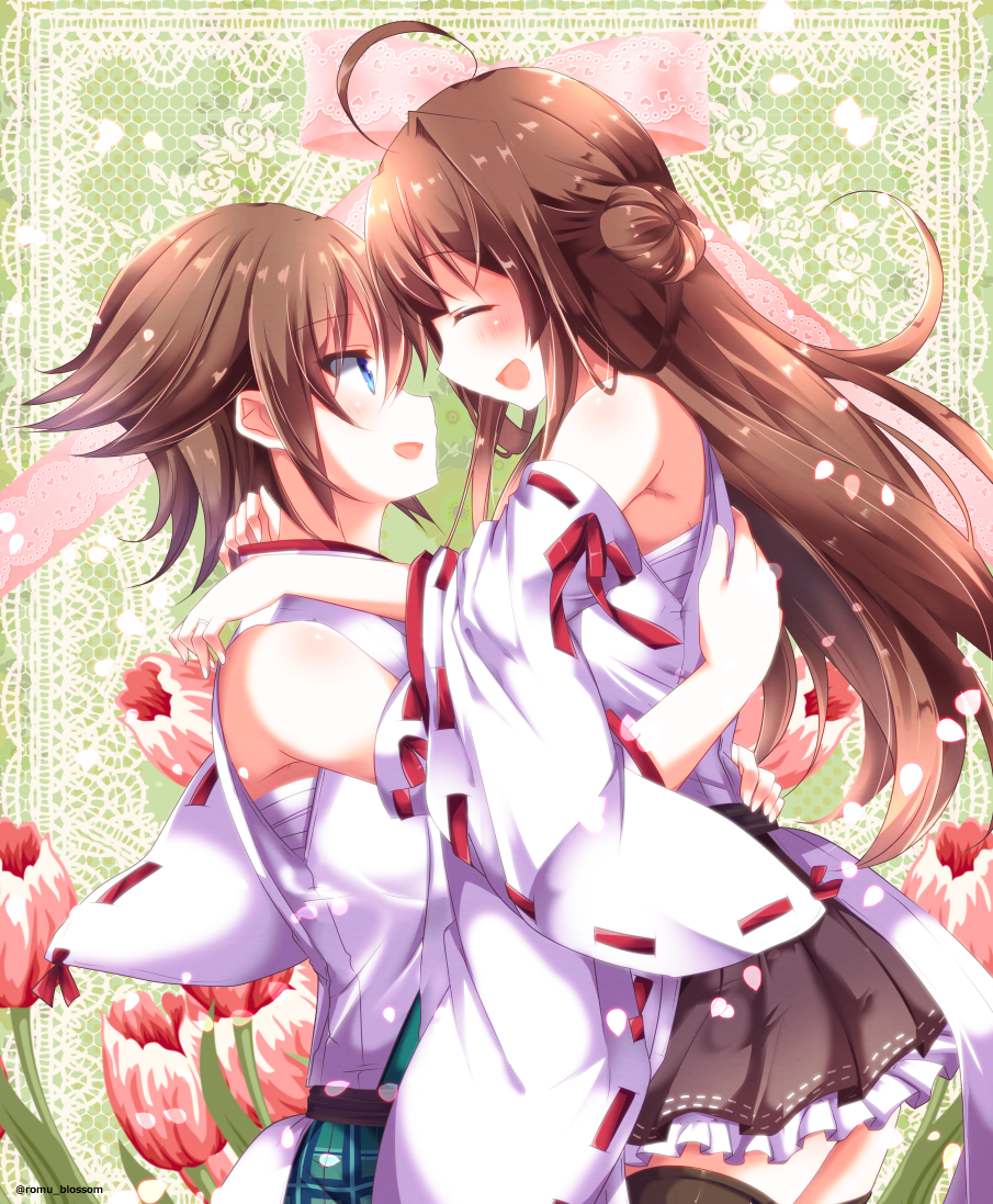 2girls ahoge bare_shoulders brown_hair closed_eyes commentary_request detached_sleeves double_bun green_skirt hairband headgear hiei_(kantai_collection) japanese_clothes kantai_collection kongou_(kantai_collection) long_hair looking_at_another multiple_girls nanoha-h nontraditional_miko open_mouth plaid remodel_(kantai_collection) ribbon-trimmed_sleeves ribbon_trim short_hair skirt smile