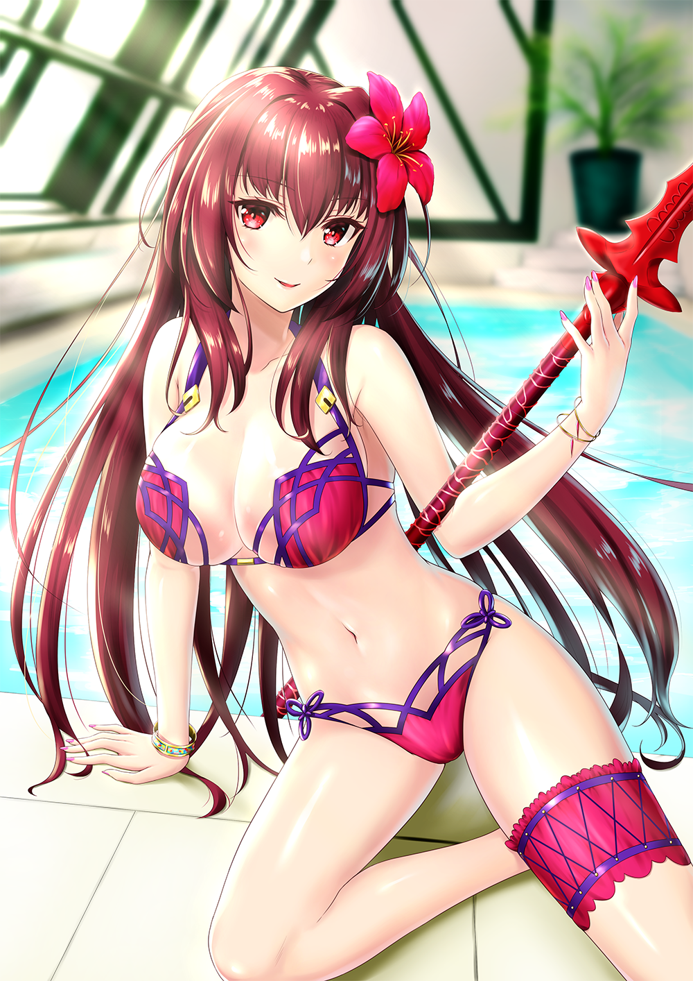 1girl bikini blush breasts fate/grand_order fate_(series) flower gae_bolg hair_flower hair_ornament hibiscus highres holding holding_weapon indoors large_breasts leg_garter long_hair looking_at_viewer momoyume_rin nail_polish navel pink_bikini pool poolside purple_bikini purple_hair red_eyes rei_no_pool scathach_(fate/grand_order) scathach_(swimsuit_assassin)_(fate) solo swimsuit thigh_strap weapon