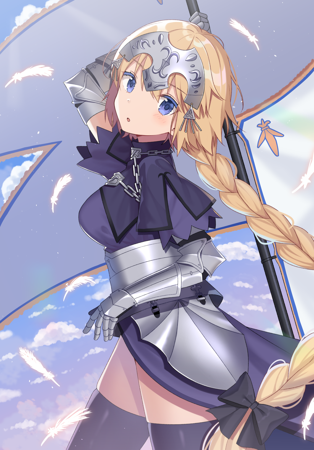 1girl :o arm_up armor armored_dress bangs black_bow black_legwear blonde_hair blue_eyes blue_sky blush bow braid breasts clouds commentary_request day dress eyebrows_visible_through_hair fate/apocrypha fate/grand_order fate_(series) feathers gauntlets hair_between_eyes hair_bow head_tilt headpiece highres holding izumo_neru jeanne_d'arc_(fate) jeanne_d'arc_(fate)_(all) long_hair looking_at_viewer looking_to_the_side medium_breasts outdoors parted_lips purple_dress sky solo thigh-highs very_long_hair