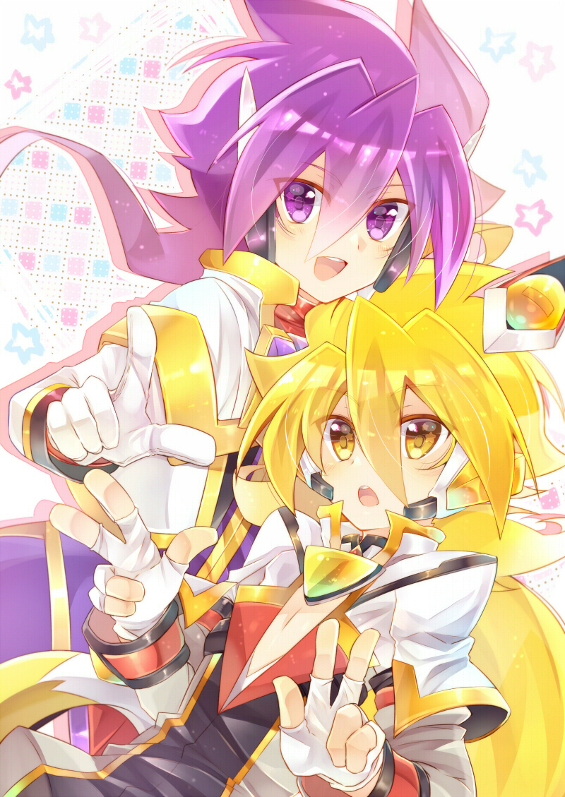 2boys black_shirt blonde_hair double_v fingerless_gloves gloves long_sleeves looking_at_viewer male_focus multiple_boys open_mouth pointing pointing_at_viewer purple_hair purple_shirt rento_(rukeai) saikyou_ginga_ultimate_zero_~battle_spirits~ shirt smile spiky_hair star starry_background v violet_eyes white_coat white_gloves yellow_eyes zero_the_flash zero_the_glint