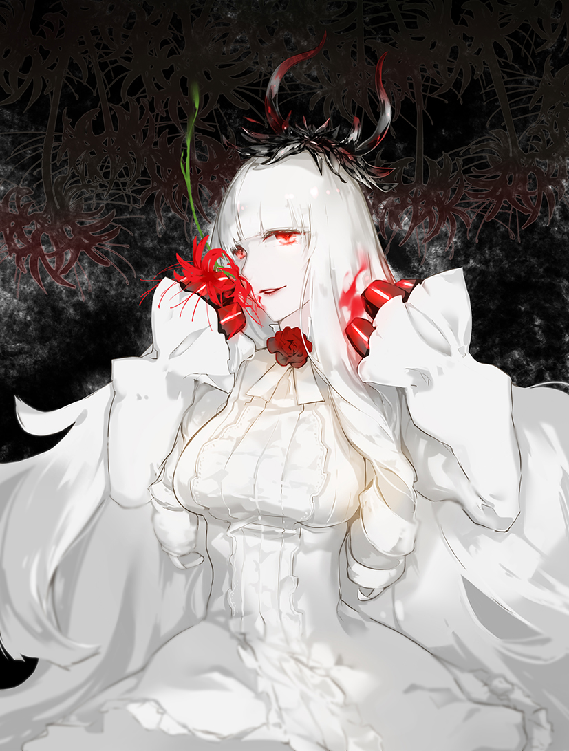 1girl breasts commentary dress flower hime_cut horns kantai_collection large_breasts lips long_hair long_sleeves looking_at_viewer lycoris_hime nello_(luminous_darkness) rose shinkaisei-kan smile solo spider_lily very_long_hair white_dress white_hair