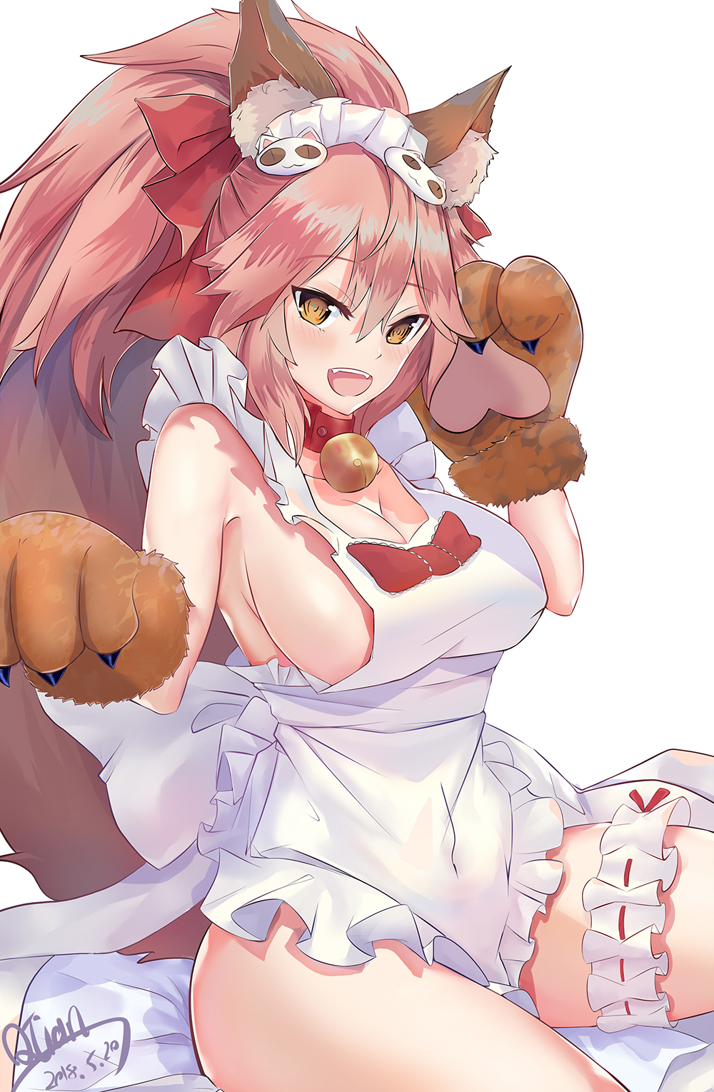 1girl animal_ears apron bell bell_collar blush breasts cat_hair_ornament cat_paws cleavage collar fangs fate/grand_order fate_(series) fox_ears fox_tail gloves hair_ornament highres jingle_bell large_breasts lm520lm520 long_hair looking_at_viewer maid_headdress naked_apron open_mouth paw_gloves paws pink_hair ponytail sideboob simple_background solo tail tamamo_(fate)_(all) tamamo_cat_(fate) white_background