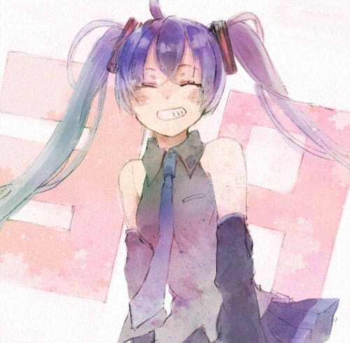1girl 39 bare_shoulders blue_hair closed_eyes cowboy_shot detached_sleeves grey_shirt happy hatsune_miku long_hair lowres necktie number shigure_ui shirt simple_background skirt sleeveless smile solo_focus standing twintails upper_body very_long_hair vocaloid white_background