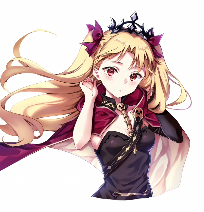 1girl asymmetrical_sleeves bangs black_dress blonde_hair blush bow breasts cape cleavage cropped_torso dress ereshkigal_(fate/grand_order) eyebrows_visible_through_hair fate/grand_order fate_(series) floating_hair hair_bow hands_up head_tilt long_hair long_sleeves looking_at_viewer medium_breasts multicolored multicolored_cape multicolored_clothes no_earrings parted_bangs purple_bow red_cape red_eyes simple_background single_detached_sleeve skull solo spine strapless strapless_dress tiara two_side_up very_long_hair white_background yellow_cape zhi_(yammycheese)