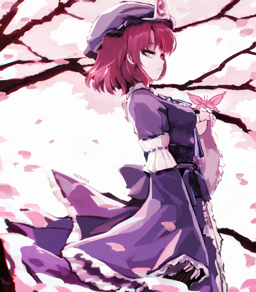 1girl artist_name butterfly_on_hand cherry_blossoms dyolf hat japanese_clothes kimono looking_at_viewer looking_to_the_side outdoors purple_hat purple_kimono redhead saigyouji_yuyuko short_hair solo standing touhou