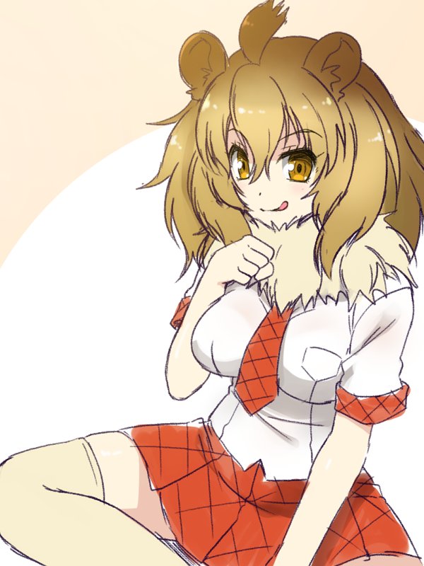 1girl ahoge animal_ears big_hair blonde_hair breast_pocket breasts eyebrows_visible_through_hair fur_collar hand_up indian_style kemono_friends large_breasts lion_(kemono_friends) lion_ears looking_at_viewer pleated_skirt pocket red_skirt shirt short_sleeves sitting skirt smile solo thigh-highs totokichi white_shirt yellow_eyes yellow_legwear