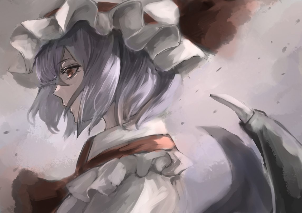 1girl ascot bat_wings blue_hair dress frilled_shirt_collar frills from_side grey_background hat hat_ribbon jan_(lightdragoon) mob_cap portrait profile red_eyes red_neckwear red_ribbon remilia_scarlet ribbon short_hair solo touhou white_dress white_hat wing_collar wings