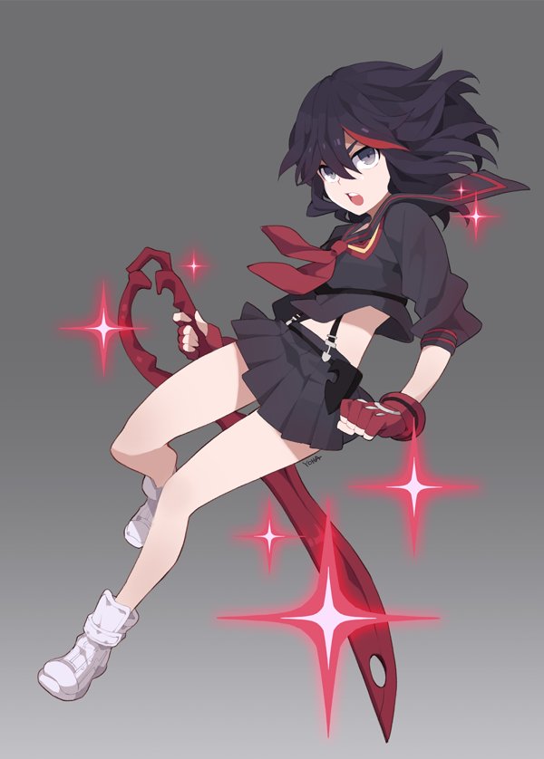 1girl artist_name black_hair da_yoha full_body gradient gradient_background grey_background grey_eyes kill_la_kill matoi_ryuuko miniskirt multicolored_hair open_mouth redhead scissor_blade shoes skirt sneakers solo sparkle suspenders two-tone_hair white_footwear