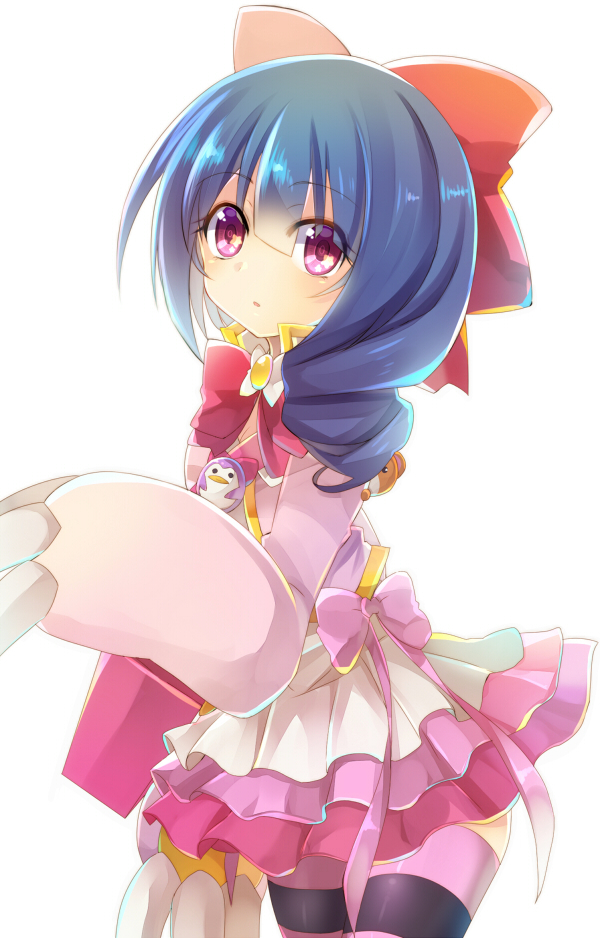 +_+ 1girl :o bird blue_hair bow dress drill_hair frilled_dress frills hair_bow horizontal-striped_legwear long_sleeves looking_at_viewer magical_girl magical_star_saki penguin pink_bow pink_dress pink_legwear purple_legwear red_bow rento_(rukeai) saikyou_ginga_ultimate_zero_~battle_spirits~ solo striped striped_legwear stuffed_animal stuffed_toy teddy_bear thigh-highs violet_eyes