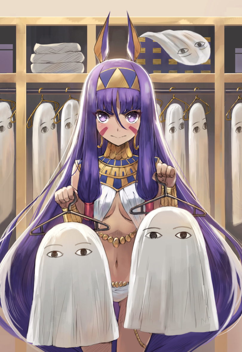 &lt;o&gt;_&lt;o&gt; 1girl animal_ears ass_visible_through_thighs blush bracelet closed_mouth commentary earrings egyptian_clothes facepaint fate/grand_order fate_(series) hairband hoop_earrings jackal_ears jewelry long_hair looking_at_viewer low-tied_long_hair medjed navel nitocris_(fate/grand_order) purple_hair sidelocks solo tonee very_long_hair violet_eyes