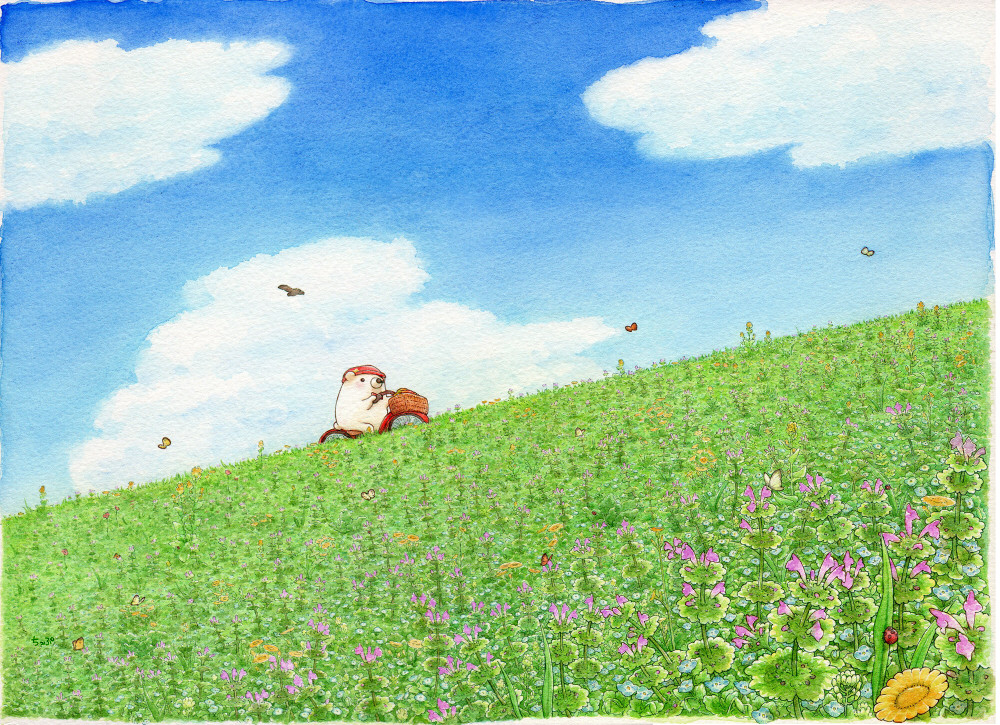 bear bicycle bicycle_basket bird blue_sky bug butterfly clouds colored_pencil_(medium) day dutch_angle flower ground_vehicle hat insect no_humans original outdoors polar_bear riding sky solo st.kuma traditional_media watercolor_(medium)