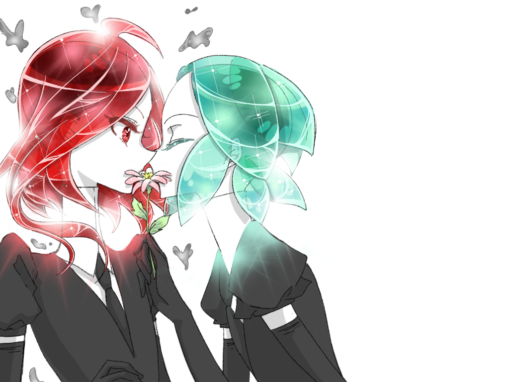 2others ahoge androgynous closed_eyes colored_eyelashes easty elbow_gloves flower gem_uniform_(houseki_no_kuni) gloves green_hair houseki_no_kuni indirect_kiss mercury necktie phosphophyllite red_eyes redhead shinsha_(houseki_no_kuni) short_hair upper_body white_background