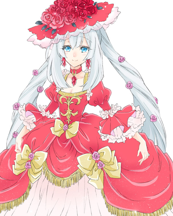 1girl blue_eyes bow choker closed_mouth dress dress_bow fate/grand_order fate_(series) flower frills fringe hair_flower hair_ornament hat hat_flower juliet_sleeves long_hair long_sleeves looking_at_viewer marie_antoinette_(fate/grand_order) pink_flower pink_rose puffy_sleeves red_dress red_flower red_hat red_neckwear red_rose rose shino-o simple_background smile solo twintails white_background white_hair yellow_bow