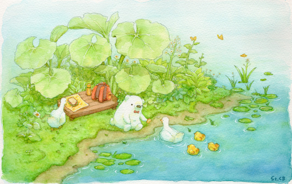 artist_name backpack backpack_removed bag bear bird bow bowtie colored_pencil_(medium) duck duckling flower food grass lily_pad no_humans original outdoors polar_bear sandwich signature sitting st.kuma traditional_media water watercolor_(medium)