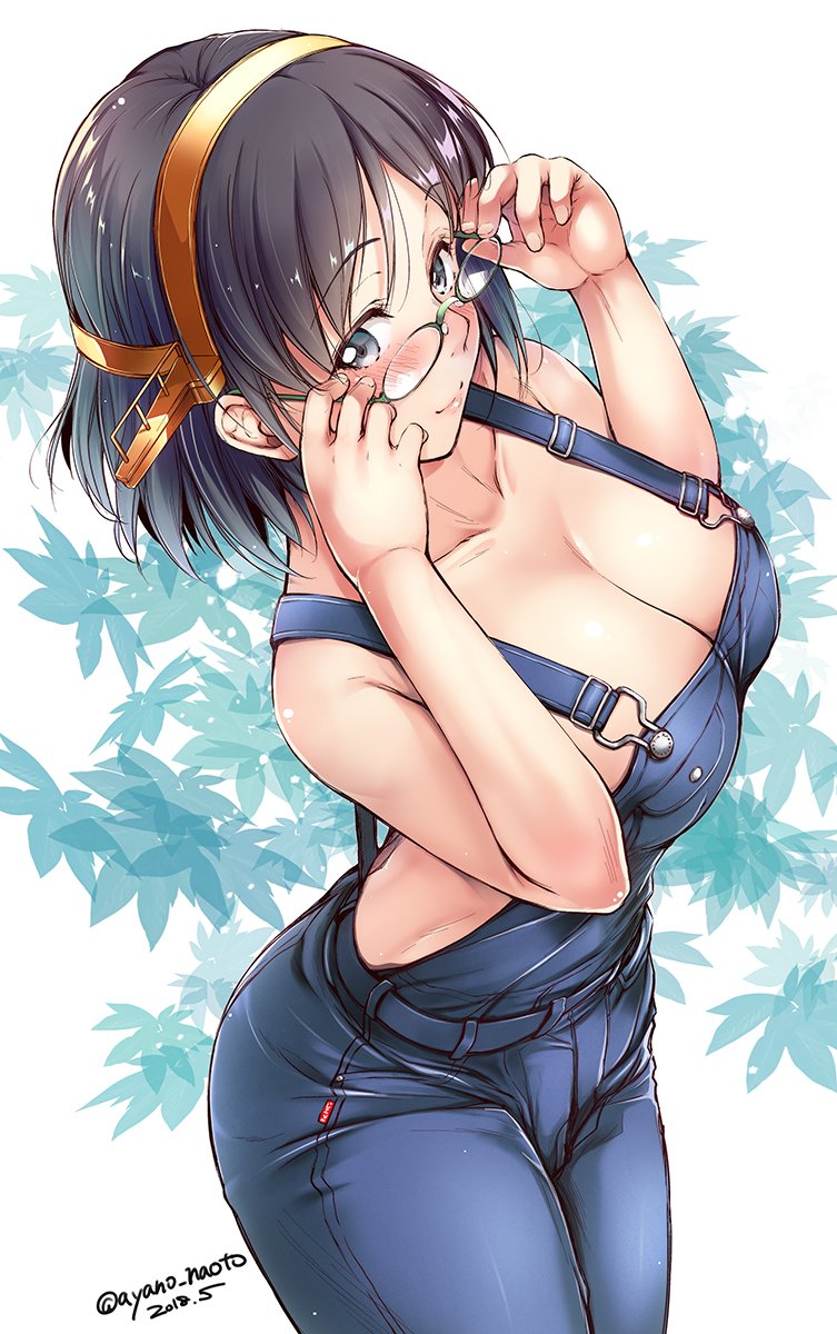 1girl 2018 adjusting_eyewear alternate_costume ayano_naoto bare_shoulders black_hair blue_background blue_eyes blush breasts cleavage collarbone dated denim eyebrows_visible_through_hair floral_background from_above glasses highres kantai_collection kirishima_(kantai_collection) large_breasts lips looking_at_viewer naked_overalls overalls remodel_(kantai_collection) shiny shiny_hair short_hair smile solo twitter_username white_background