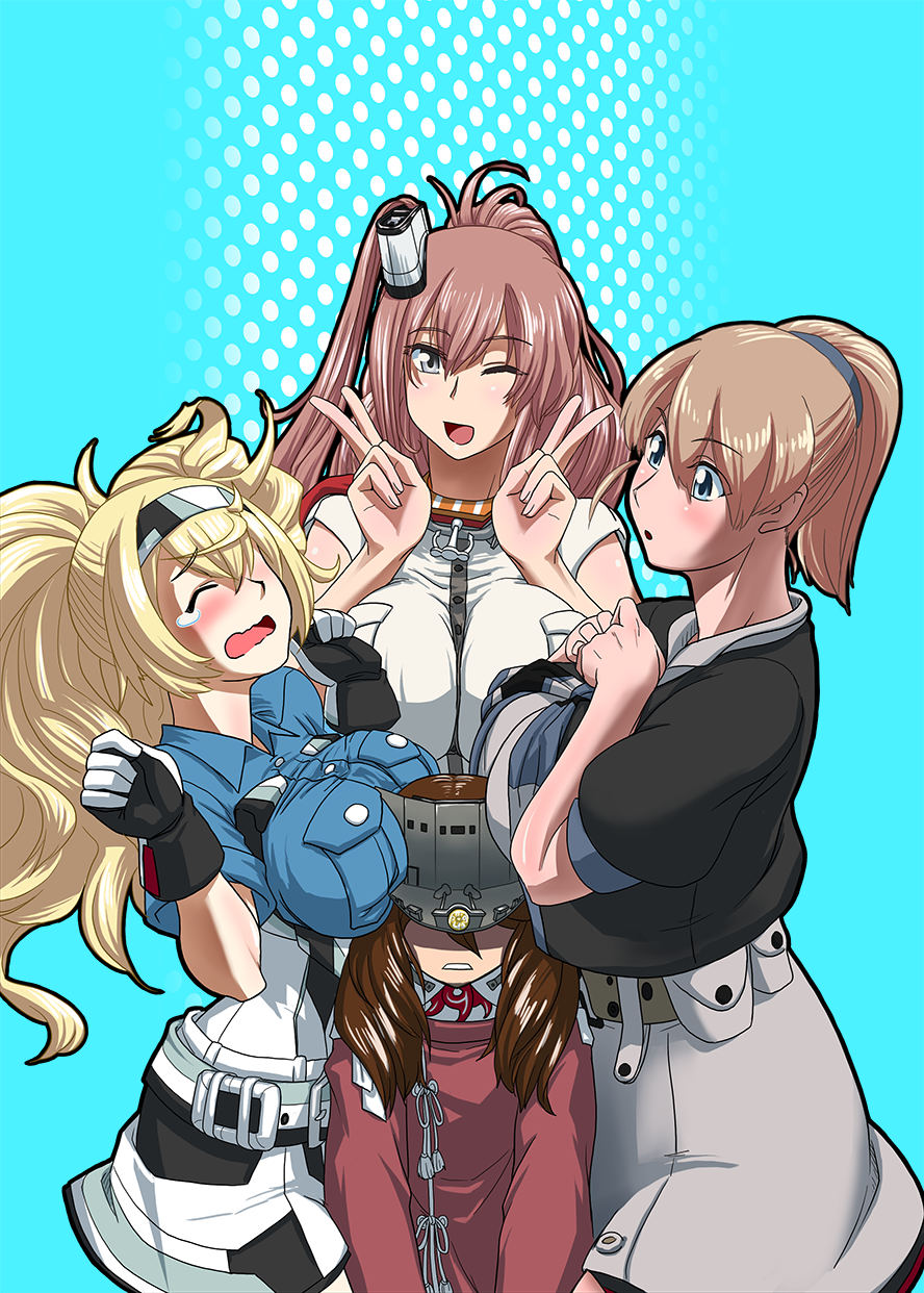 4girls blonde_hair breast_envy breast_rest breasts breasts_on_head brown_hair gambier_bay_(kantai_collection) highres intrepid_(kantai_collection) kantai_collection large_breasts long_hair multiple_girls ponytail ramsus ryuujou_(kantai_collection) saratoga_(kantai_collection) short_hair side_ponytail tears twintails v