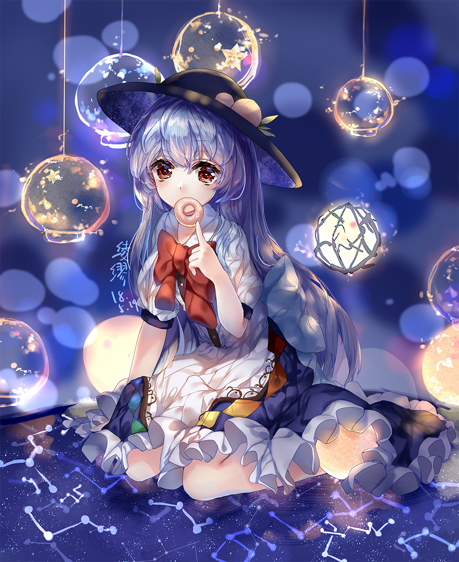 1girl artist_name bangs blue_background blue_hair blurry blurry_background bow covering_mouth dated doughnut dress eyebrows_visible_through_hair food fruit glass_ornament hair_between_eyes hand_up hat hinanawi_tenshi index_finger_raised layered_dress leaf light_particles ling_mou long_hair looking_at_viewer on_floor peach puffy_short_sleeves puffy_sleeves red_bow red_eyes short_sleeves sitting solo star tareme torn_clothes torn_sleeves touhou very_long_hair wariza