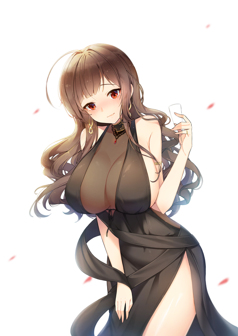 1girl ahoge alternate_costume armlet bangs black_dress blunt_bangs blush breasts brown_hair casual choker cleavage closed_mouth commentary cup dress drinking_glass dsr-50_(girls_frontline) earrings girls_frontline hair_ornament holding holding_drinking_glass jewelry large_breasts leaning_forward long_hair looking_at_viewer pendant petals red_eyes ruby_(stone) side_slit sideboob sidelocks simple_background smile solo thighs tp_(kido_94) very_long_hair wavy_hair white_background