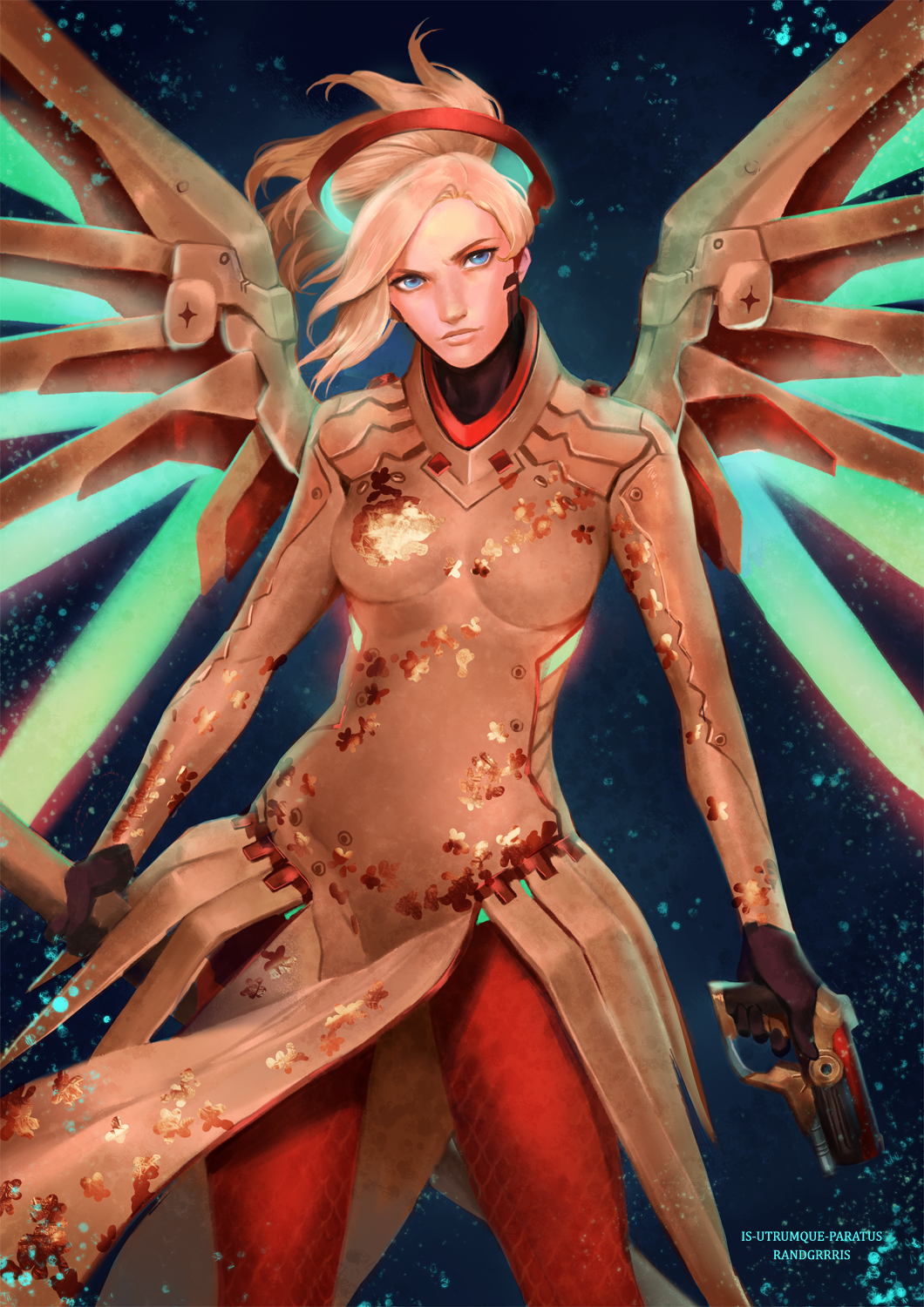 1girl alternate_costume backlighting blonde_hair blue_background blue_eyes bodysuit breasts brown_bodysuit cowboy_shot dual_wielding faulds fortune_mercy glowing glowing_wings green_wings gun handgun high_ponytail highres holding holding_gun holding_staff holding_weapon light_particles lips looking_at_viewer mechanical_halo mechanical_wings medium_breasts mercy_(overwatch) nose overwatch pantyhose pelvic_curtain pistol randgris red_legwear solo staff weapon wings