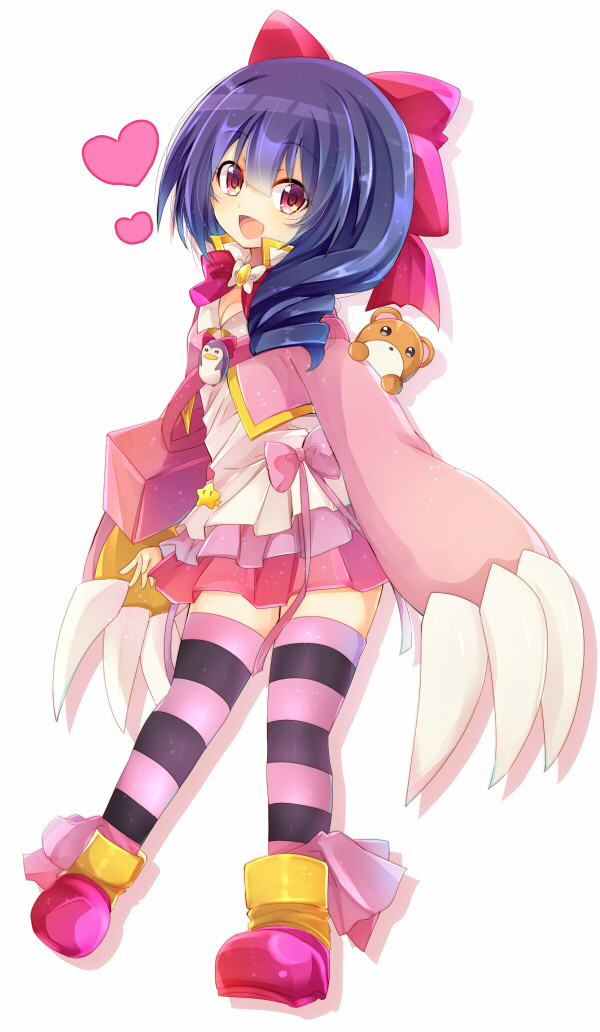 1girl bird blue_hair bow dress drill_hair heart heart_background horizontal-striped_legwear horizontal_stripes looking_at_viewer magical_girl magical_star_saki multicolored multicolored_clothes multicolored_legwear open_mouth penguin pink_bow pink_dress pink_legwear pink_skirt pleated_skirt purple_legwear red_bow red_footwear rento_(rukeai) saikyou_ginga_ultimate_zero_~battle_spirits~ shoes simple_background skirt smile solo star striped striped_legwear stuffed_animal stuffed_toy teddy_bear thigh-highs violet_eyes white_background