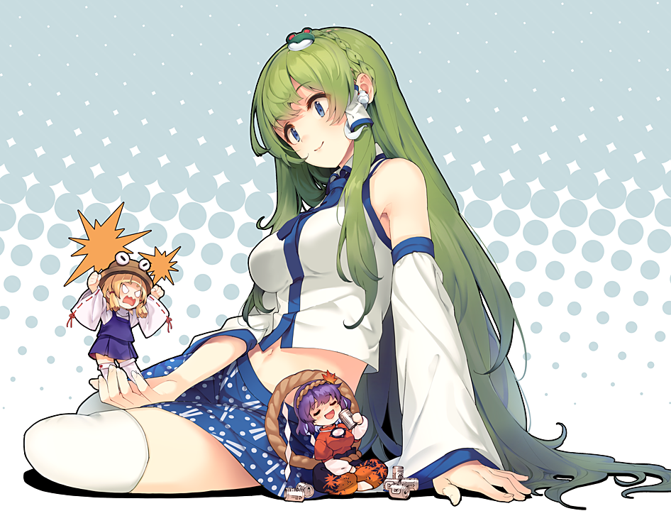 3girls angry beer_can blonde_hair blue_eyes breasts can detached_sleeves drink eho_(icbm) frog_hair_ornament green_hair hair_ornament hair_ribbon hair_tubes hat juliet_sleeves kochiya_sanae large_breasts leaf_hair_ornament long_hair long_sleeves medium_breasts minigirl moriya_suwako multiple_girls open_mouth puffy_sleeves purple_hair ribbon shirt short_hair sitting skirt skirt_set snake_hair_ornament sweatdrop touhou vest white_legwear white_shirt wide_sleeves yasaka_kanako